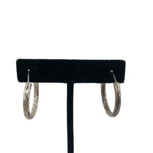 Sterling Silver Twisted Rope Hoop Earrings 1 1/8", Pierced Circle Earrings 1980s